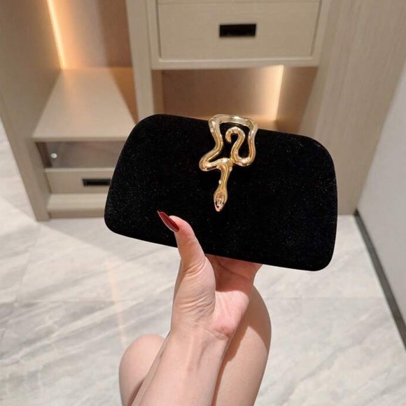 Black Velvet Clutch with Snake Accent